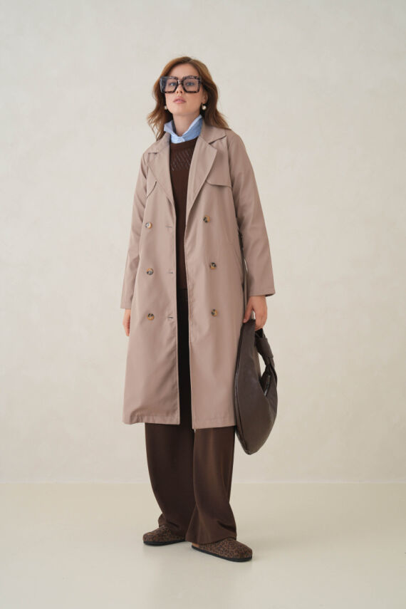 Su Geçirmez Kruvaze Yaka Sık Dokuma Kadın Trençkot - 1