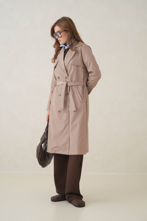 Su Geçirmez Kruvaze Yaka Sık Dokuma Kadın Trençkot - 3