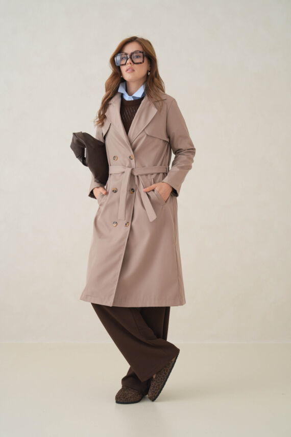 Su Geçirmez Kruvaze Yaka Sık Dokuma Kadın Trençkot - 4