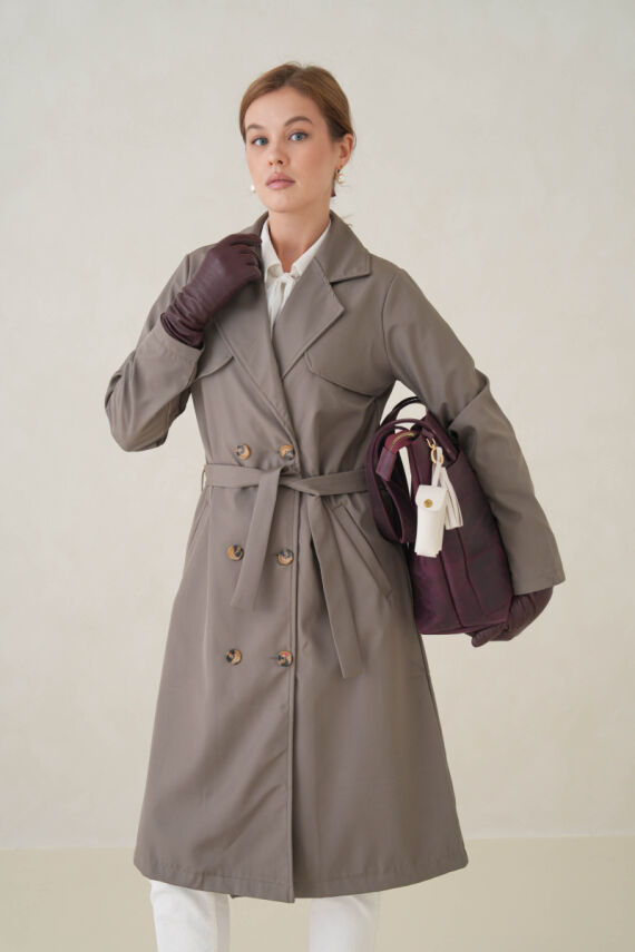 Su Geçirmez Kruvaze Yaka Sık Dokuma Kadın Trençkot - 11