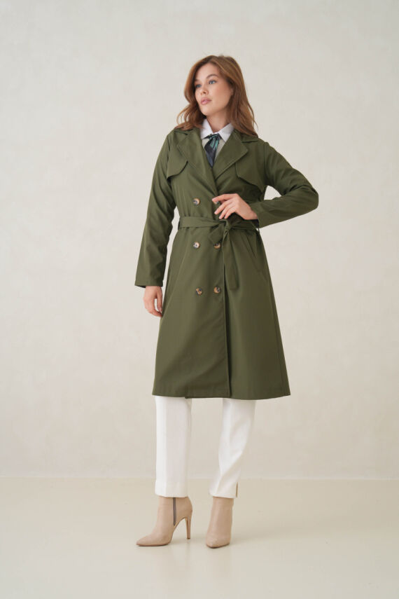 Su Geçirmez Kruvaze Yaka Sık Dokuma Kadın Trençkot - 17