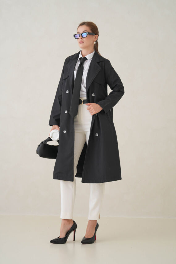 Su Geçirmez Kruvaze Yaka Sık Dokuma Kadın Trençkot - 30