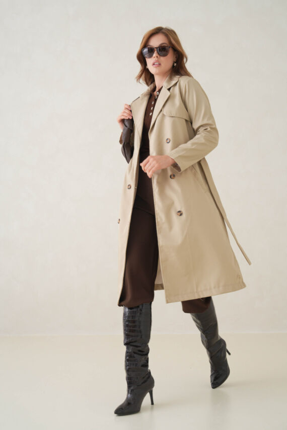 Su Geçirmez Kruvaze Yaka Sık Dokuma Kadın Trençkot - 37