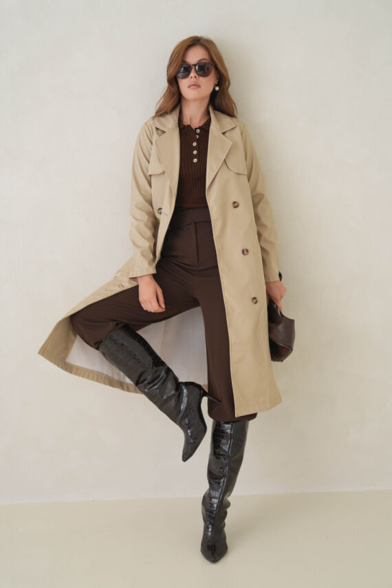 Su Geçirmez Kruvaze Yaka Sık Dokuma Kadın Trençkot - 39