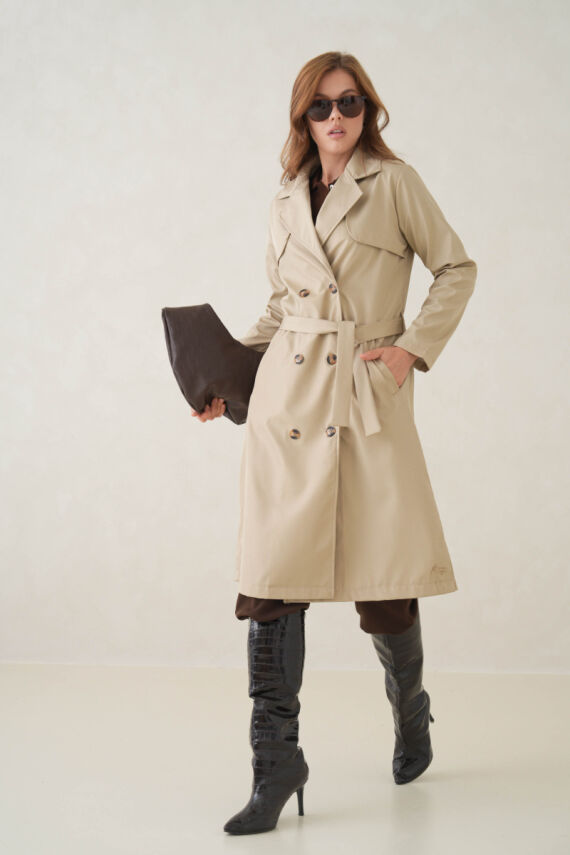 Su Geçirmez Kruvaze Yaka Sık Dokuma Kadın Trençkot - 38