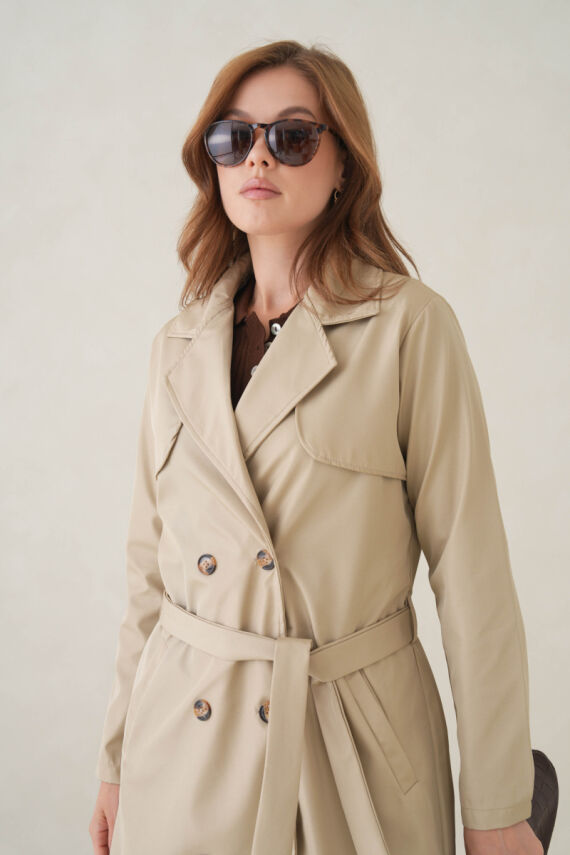 Su Geçirmez Kruvaze Yaka Sık Dokuma Kadın Trençkot - 40